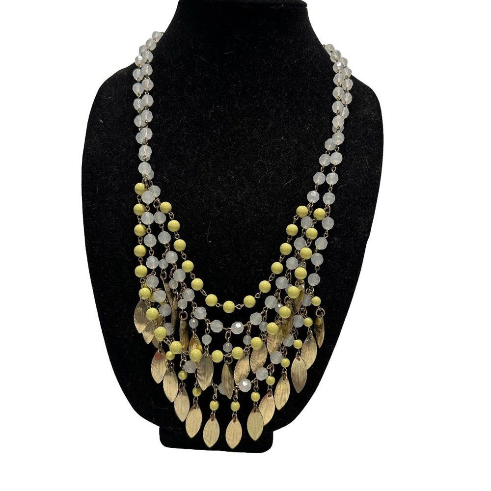 RJ GRAZIANO Multi-Layer Bib Statement Necklace Gold Leaves & Green Beads 22-26”